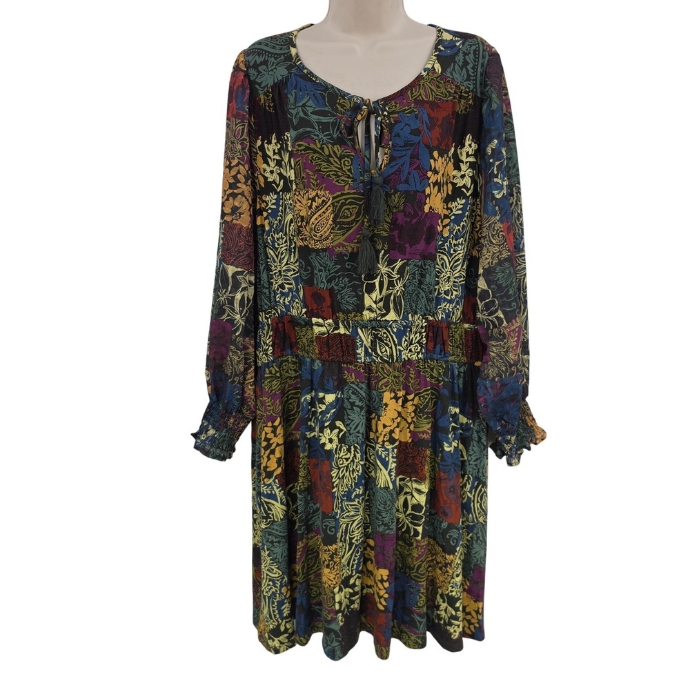 Cupio Juliana Crepe Dress Women 1X Patchwork Boho Fit & Flare Festival Whimsical